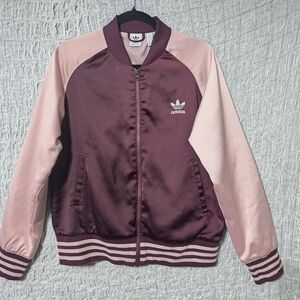 Adidas Women's Pink and Burgundy Satin Bomber Jacket